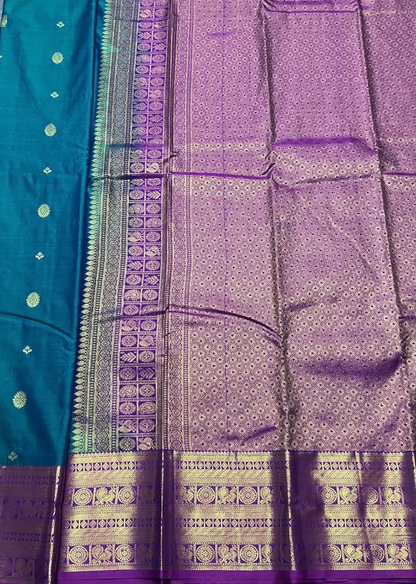 Peacock Green Color Vegan Silk saree with Pink Colour with Annam and Chakaram Design border