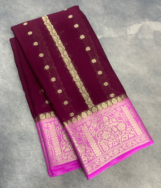 Magenta Colour Mysore Crepe Silk Saree with Pink Colour Border