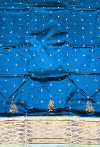 Sky Blue Vegan Paithani Silk saree with contrast White border