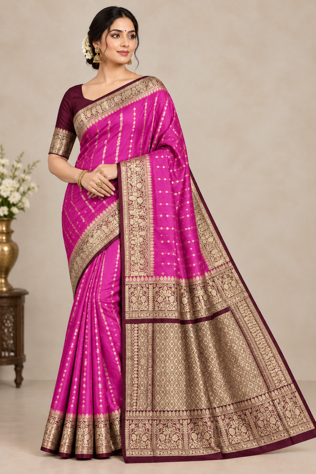 Pink Colour Mysore Crepe Silk Saree with Maroon Colour Border