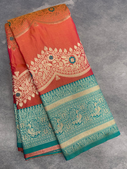 Orange Colour Satin Saree with Green Colour Ikat Border
