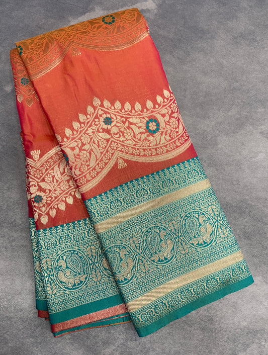 Orange Colour Satin Saree with Green Colour Ikat Border