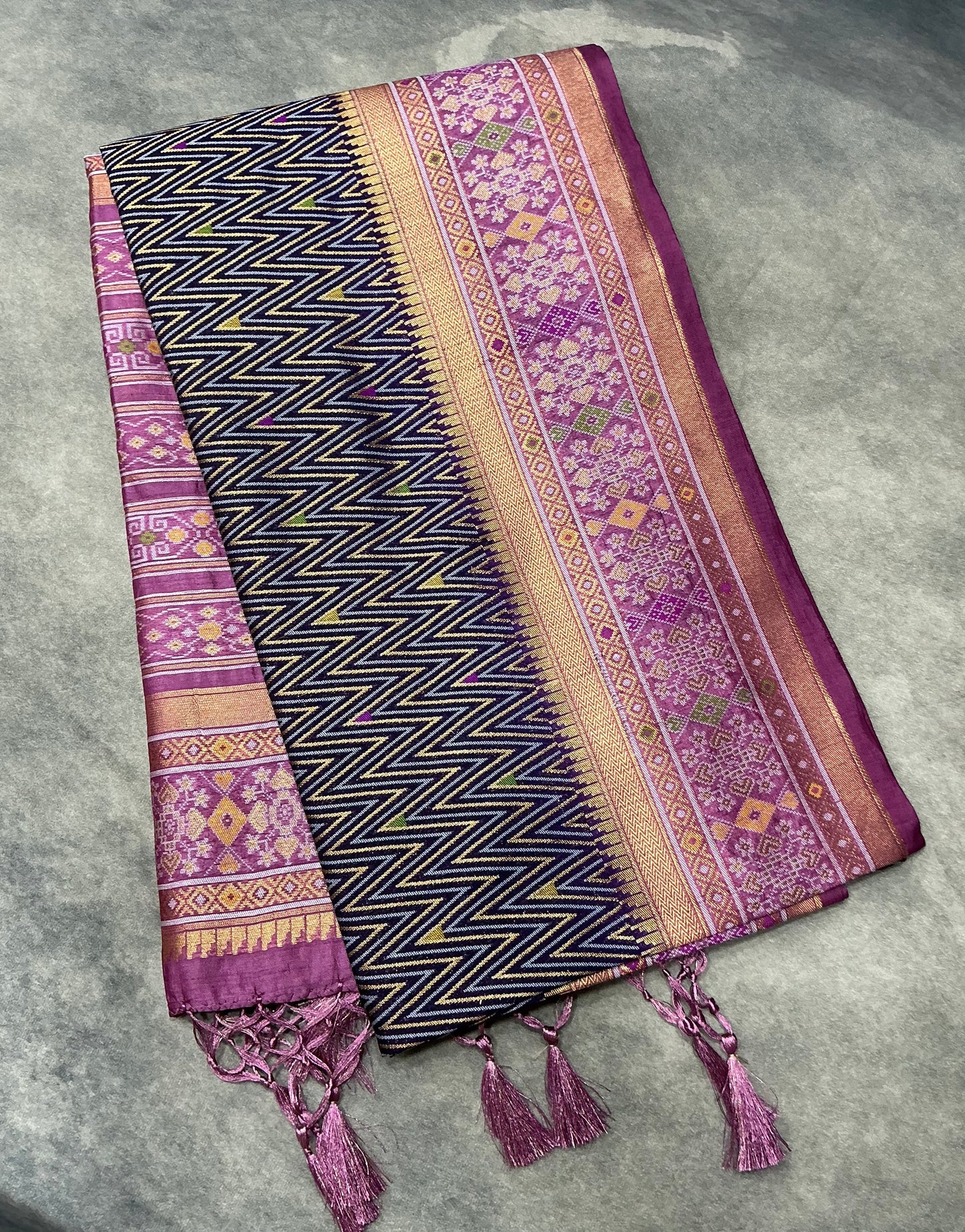 Indigo Navy Ikat Vegan Silk saree with Contrast Lavender purple Color border