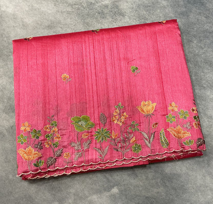 Pink Color Tussar Saree with Embroidered Border