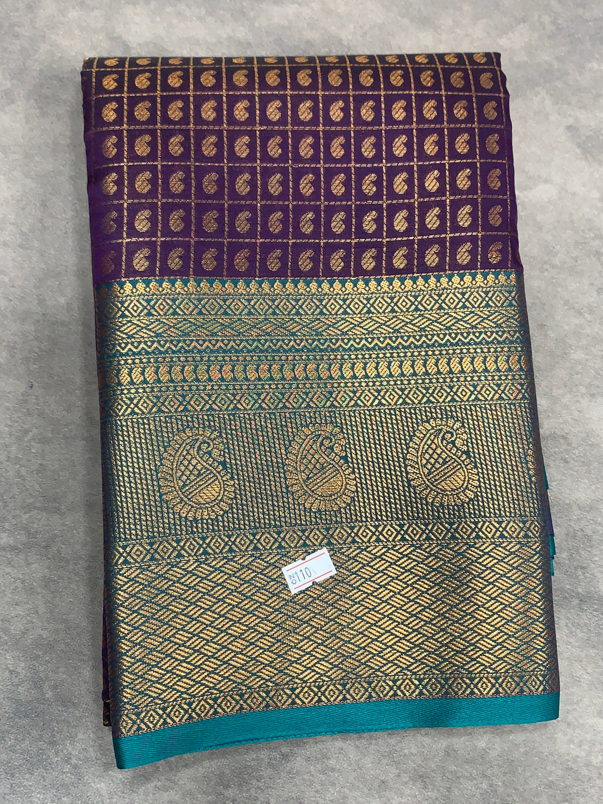 Purple Colour Kanchi Style Art Silk Saree with Sky Blue Border and 1000 Butta
