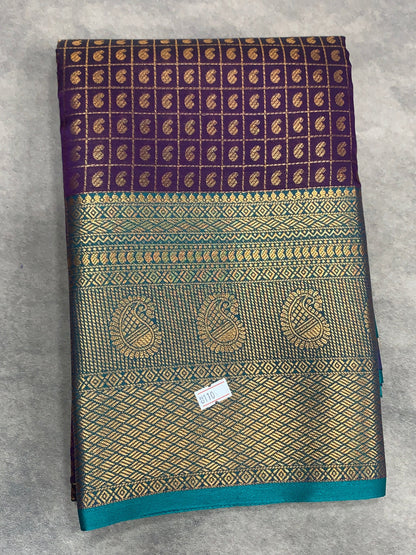 Purple Colour Kanchi Style Art Silk Saree with Sky Blue Border and 1000 Butta