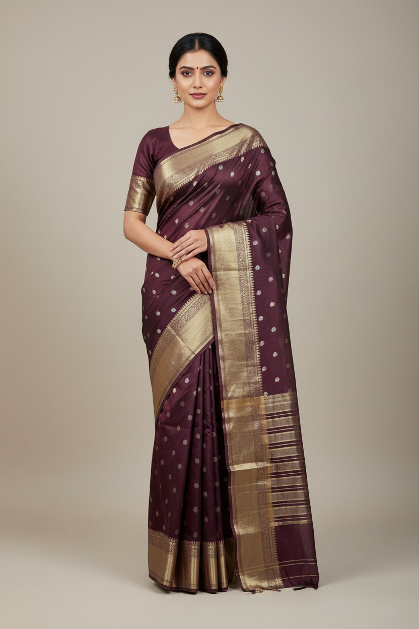 Semi Banarasi Saree Brown Color with Zari Border