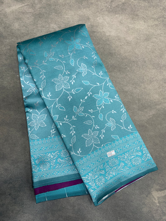Teal Colour Jute Silk Saree with Floral Creeper