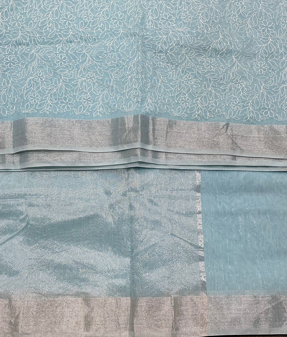 Silk Cotton Saree Sky Blue Color with Silver Zari Border