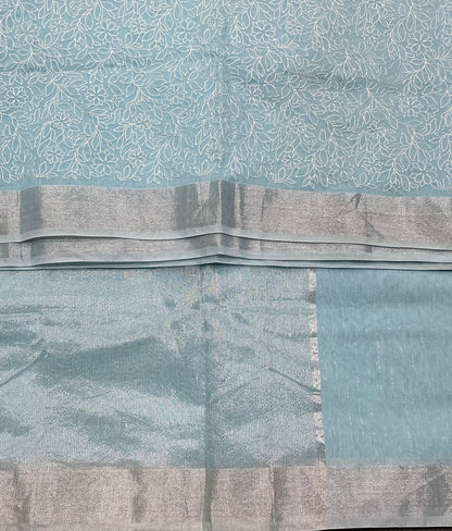 Silk Cotton Saree Sky Blue Color with Silver Zari Border