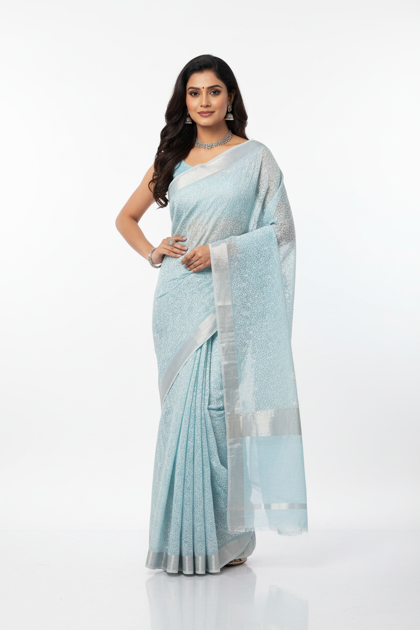 Silk Cotton Saree Sky Blue Color with Silver Zari Border