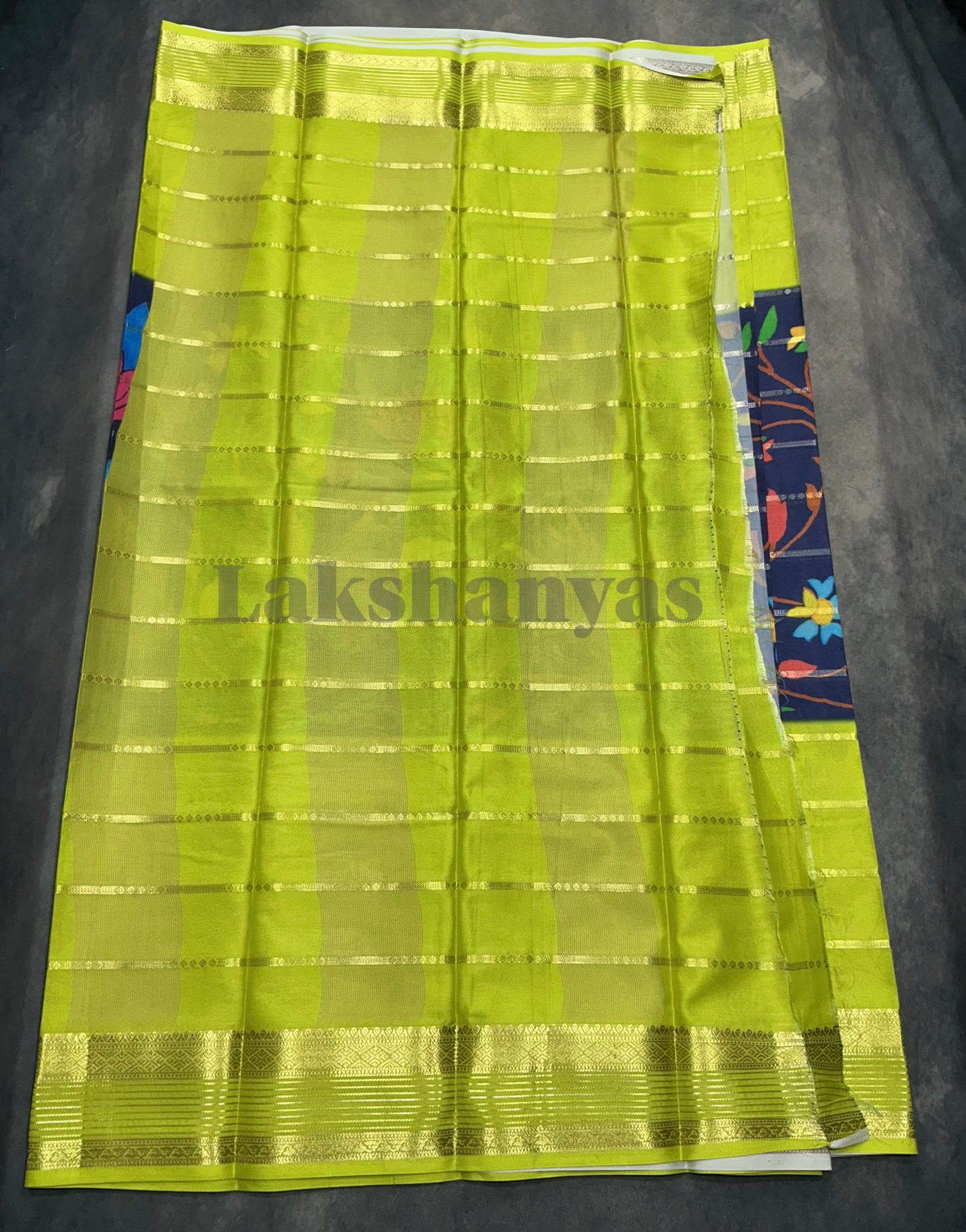Blue & Lime Green Peacock Printed Mysore Crepe Saree