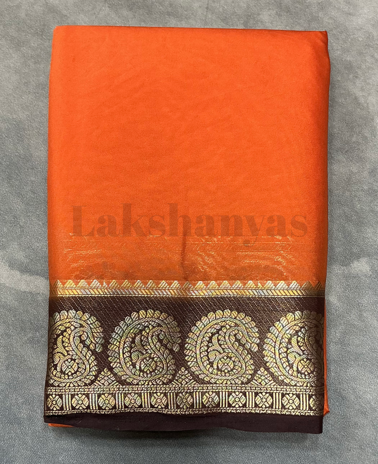 Orange Colour Mysore Crepe Saree with Brown Mango Border