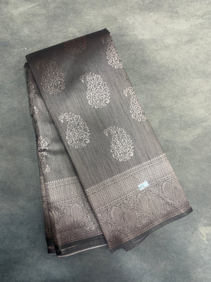 Brown Colour Semi Jute Silk Saree with Silver Zari Border
