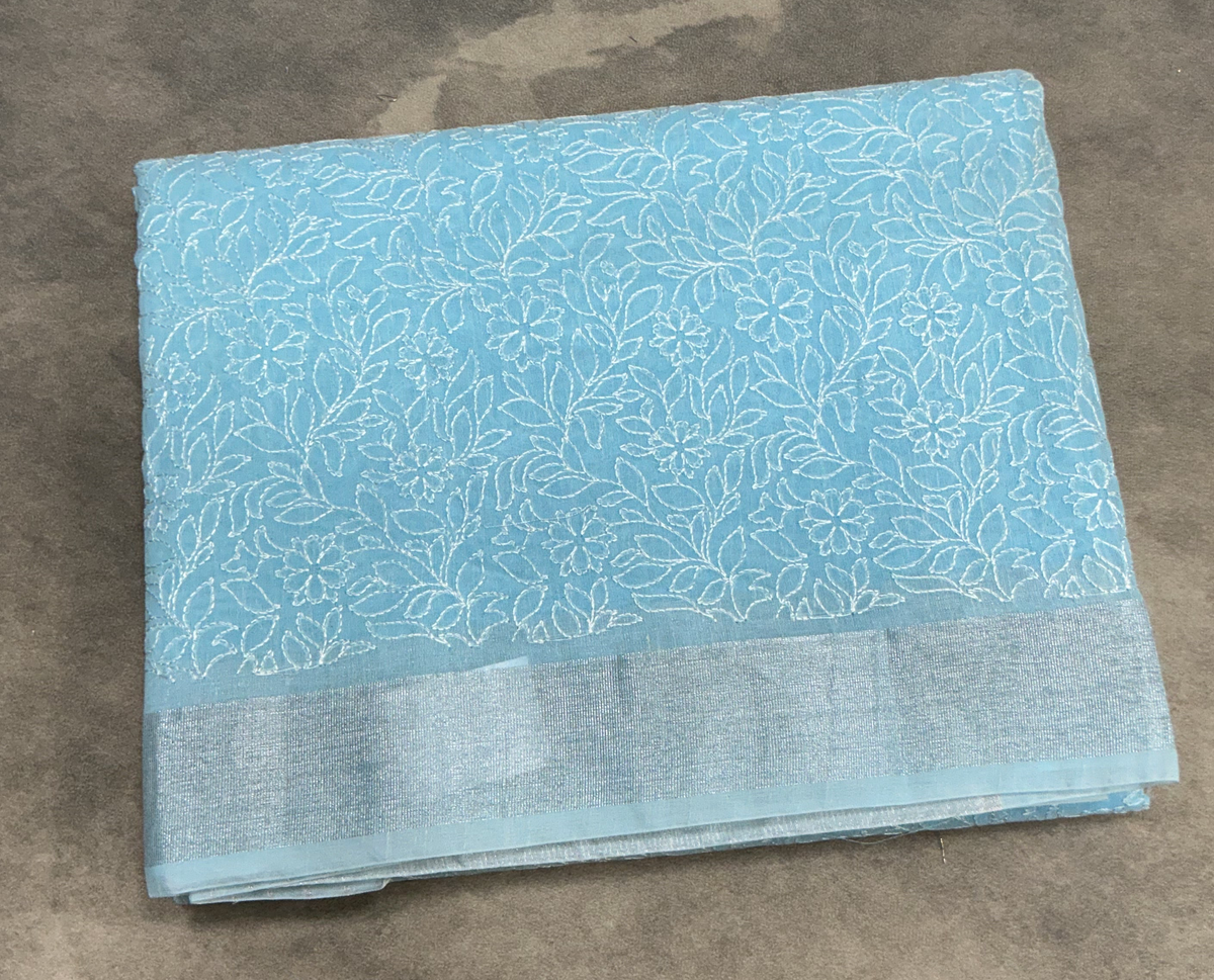Silk Cotton Saree Sky Blue Color with Silver Zari Border