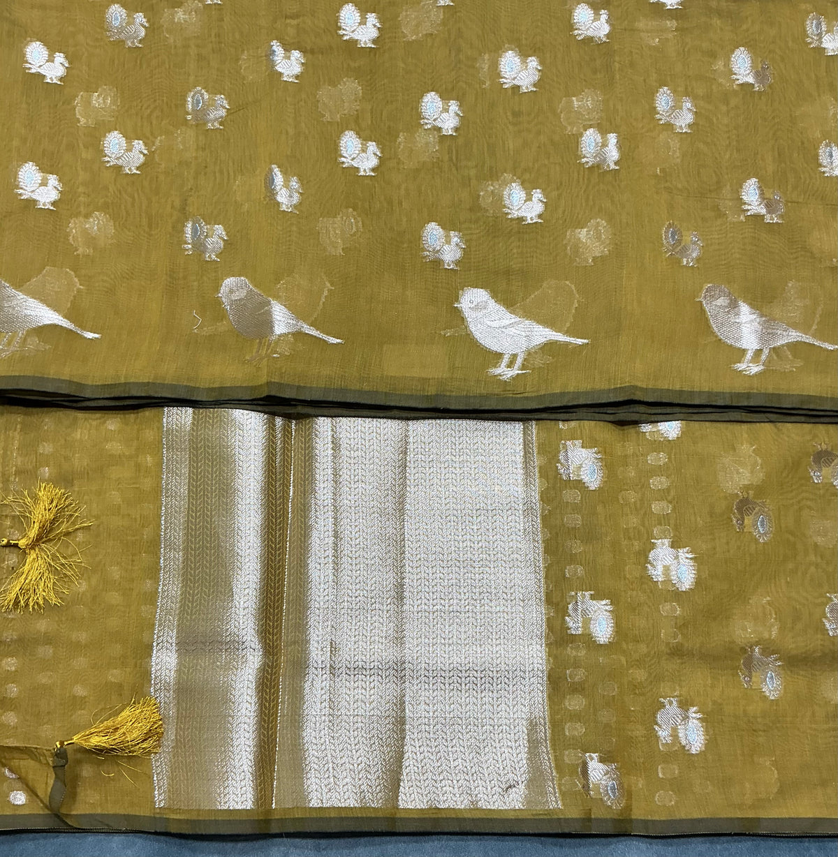 Silk Cotton Saree Mustard Colour with Peacock and Sparrow Butta