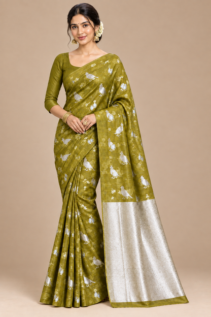 Silk Cotton Saree Mustard Colour with Peacock and Sparrow Butta