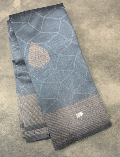 Jute Silk Saree – Grey with Leaf Butta and Zari Border