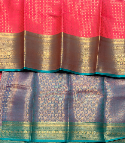 Tomato Pink Colour Kanchi Style Art Silk Saree with Rama Green Border and 1000 Butta