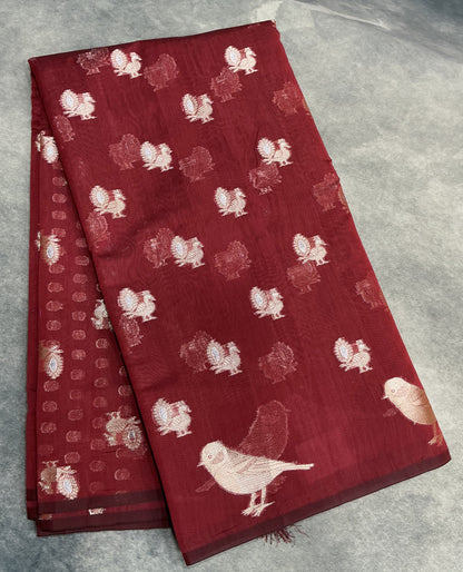 Silk Cotton Saree Maroon Colour with Peacock and Sparrow Butta