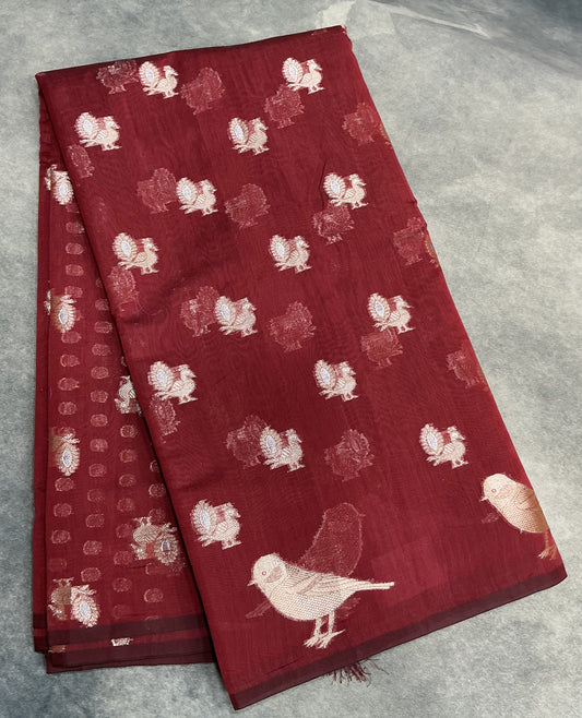 Silk Cotton Saree Maroon Colour with Peacock and Sparrow Butta