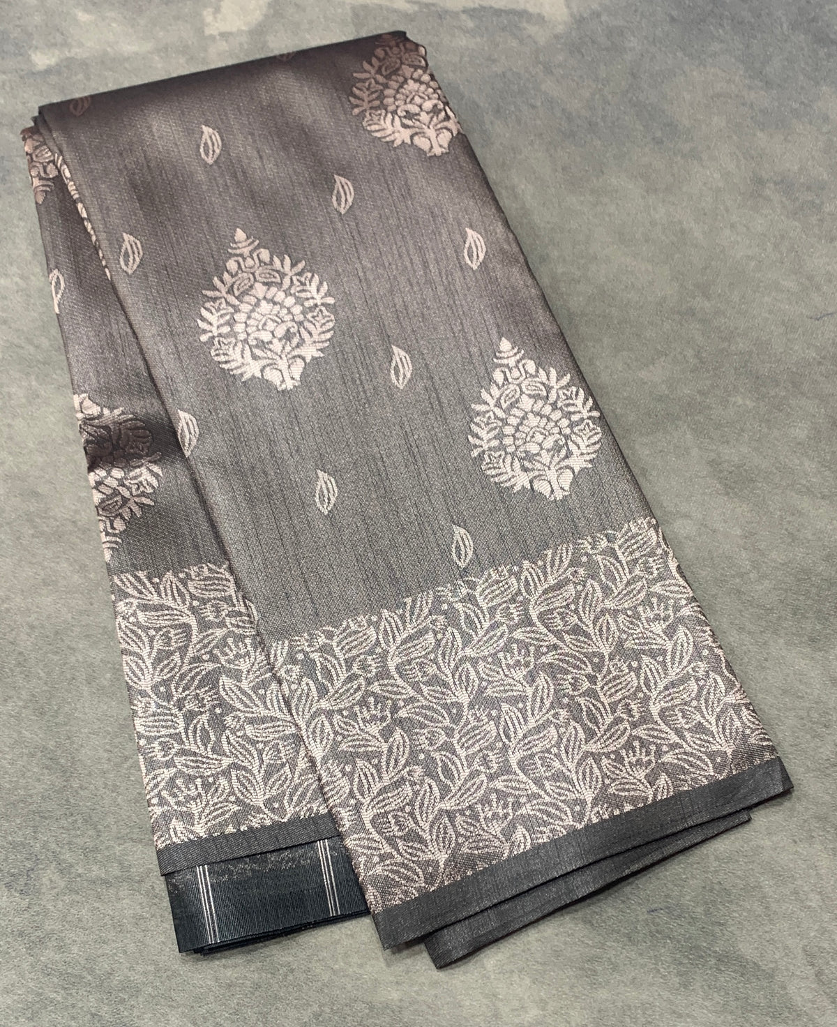 Dark Grey Colour Semi Jute Silk Saree with Silver Zari Border