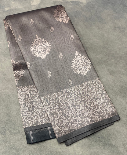 Dark Grey Colour Semi Jute Silk Saree with Silver Zari Border