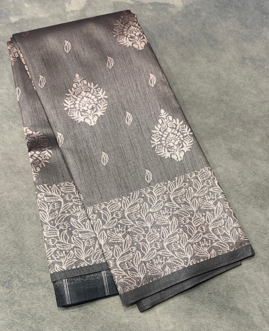Dark Grey Colour Semi Jute Silk Saree with Silver Zari Border