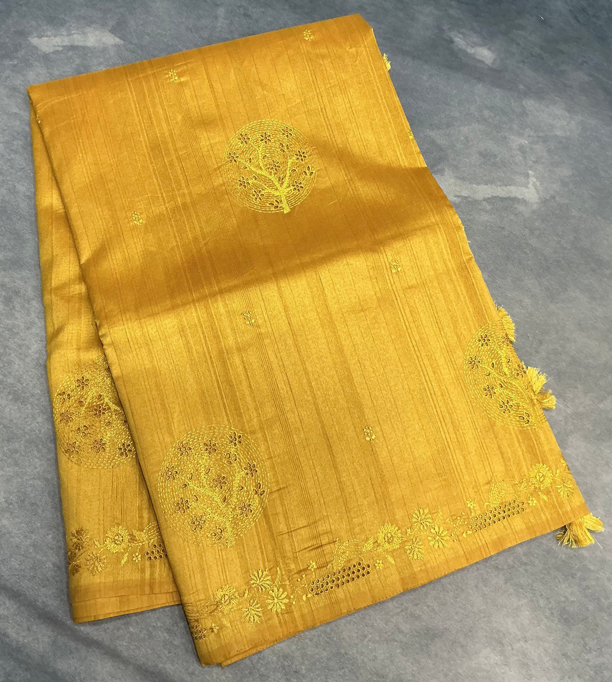 Mustard Yellow Tussar Saree with Cut Work Border