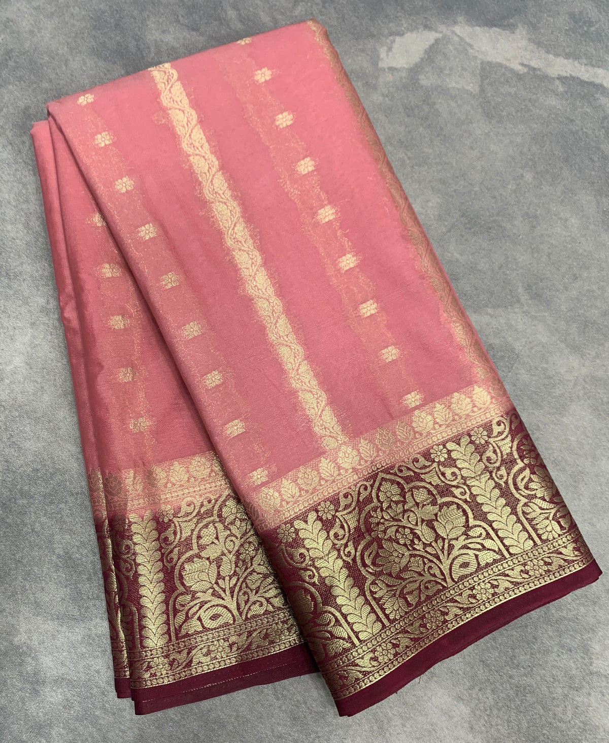 Onion Pink Colour Mysore Crepe Silk Saree with Brown Colour Border