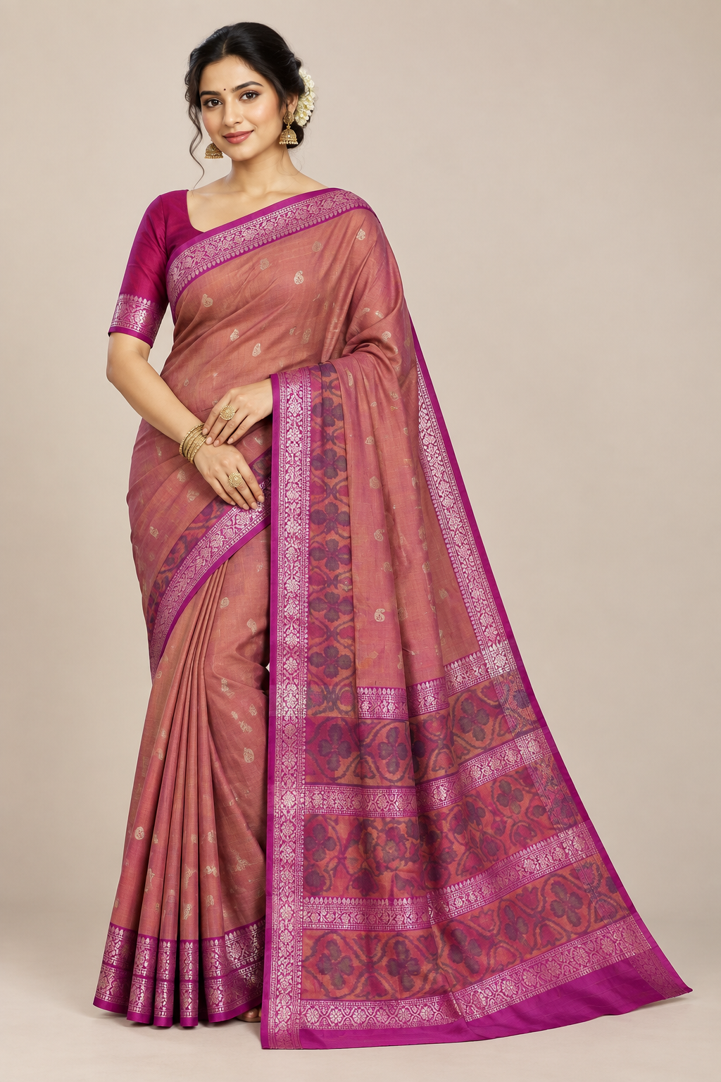 Magenta Pink Colour Soft Silk Saree with Magenta Colour Ikat Border