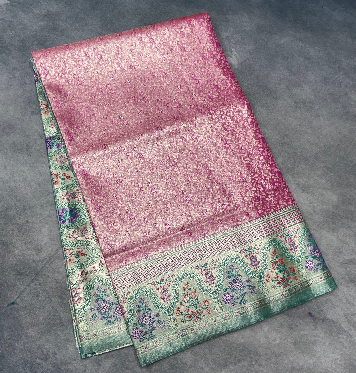 Pink Color Tissue Saree with contrast Rama Green Color border