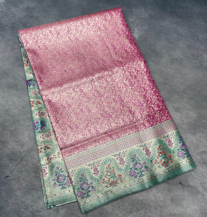 Pink Color Tissue Saree with contrast Rama Green Color border