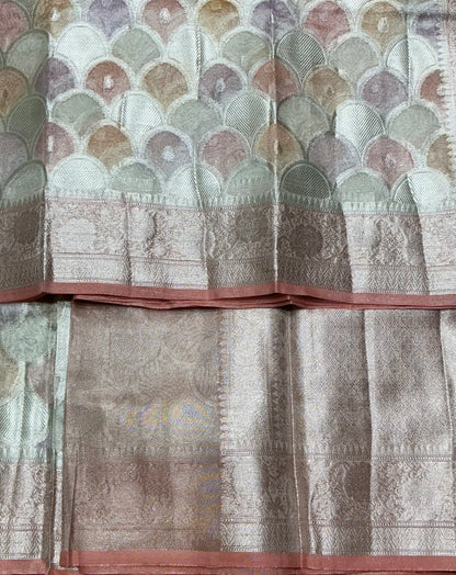Katan Tissue Semi Silk Saree Multicolour Pastel with Peach Pink Colour Border
