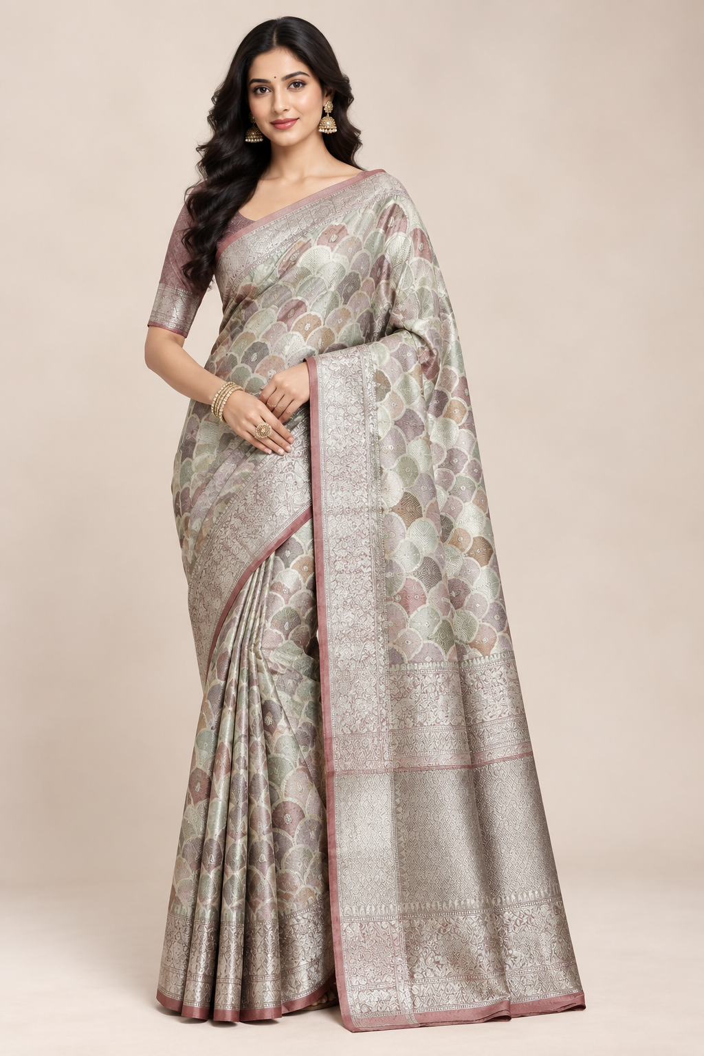 Katan Tissue Semi Silk Saree Multicolour Pastel with Peach Pink Colour Border