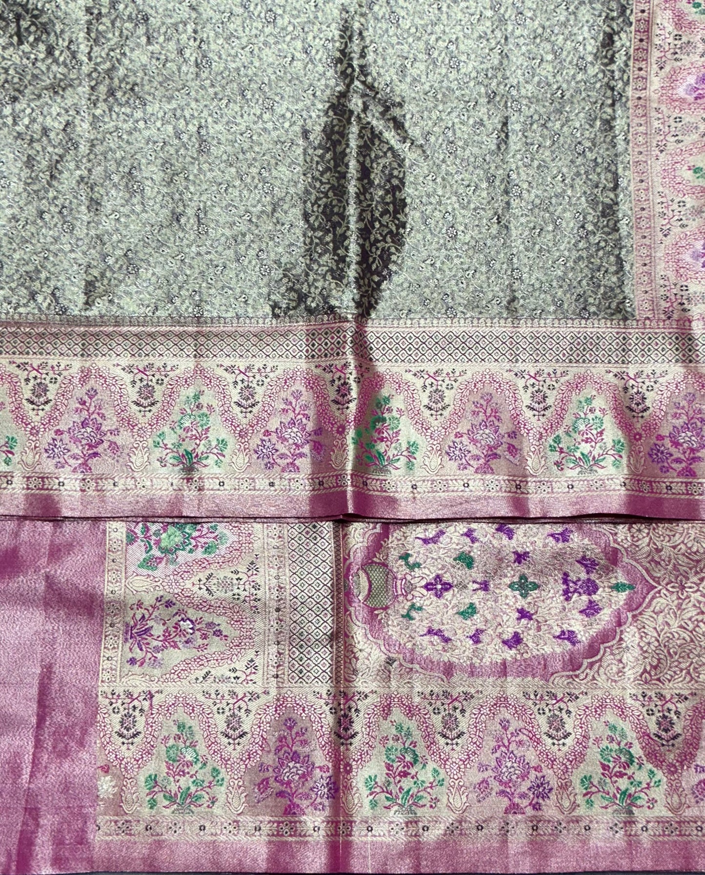 Greyish Blue Color Tissue Saree with contrast Pink Color border