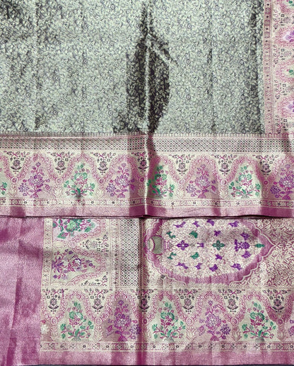Greyish Blue Color Tissue Saree with contrast Pink Color border