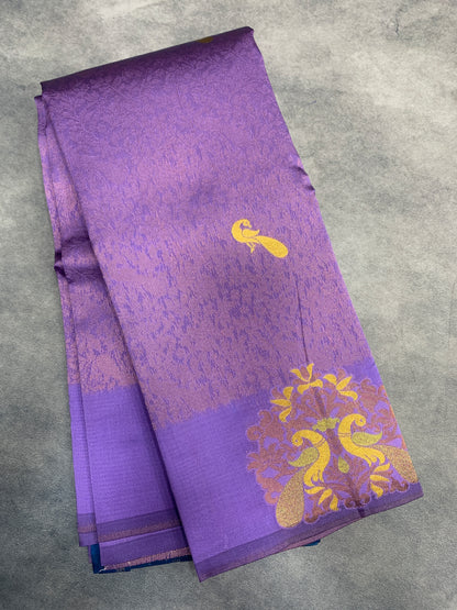 Lavender Colour Semi Silk Saree with Peacock Motif