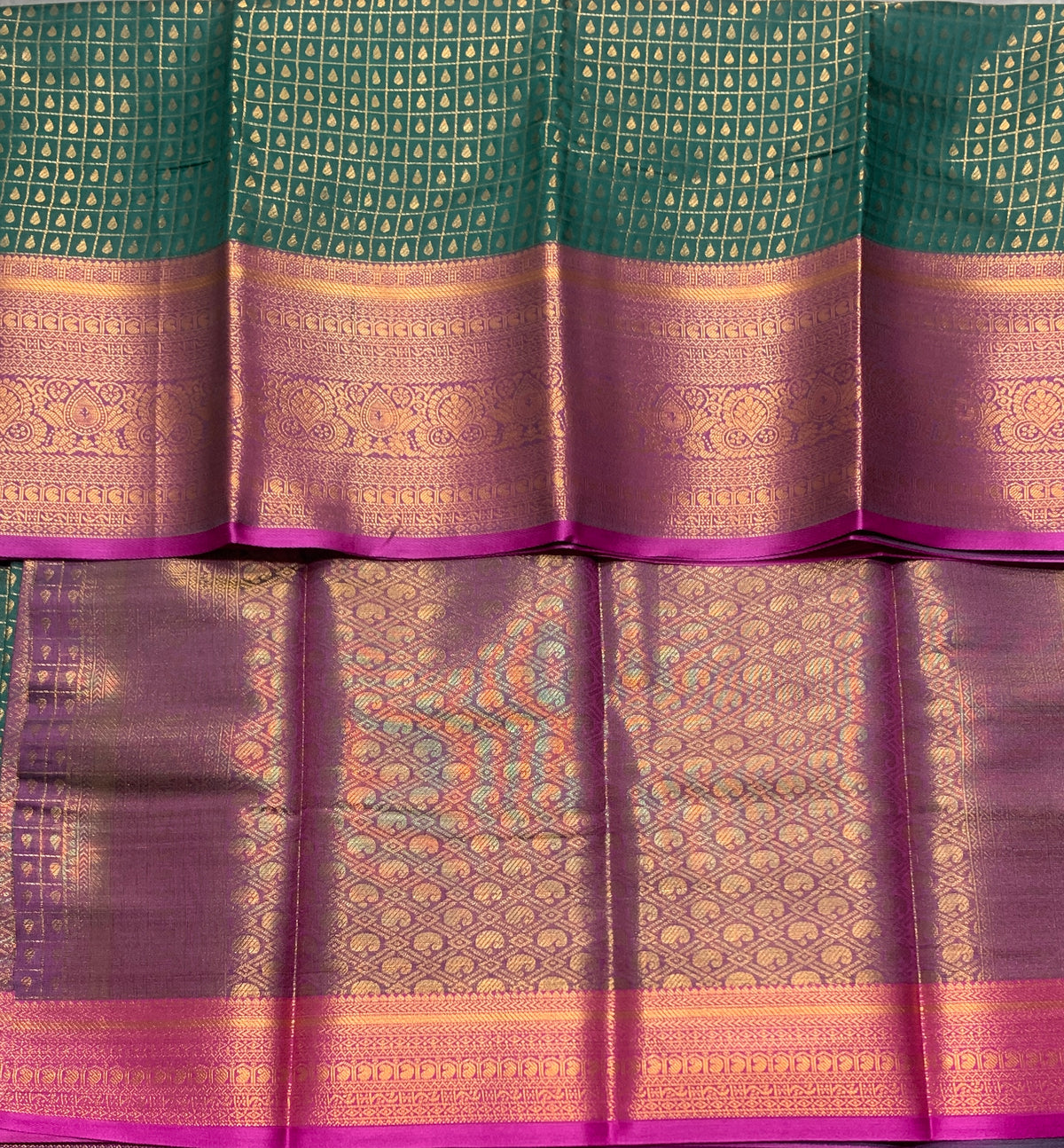 Green Colour Kanchi Style Art Silk Saree with Magenta Border and 1000 Butta