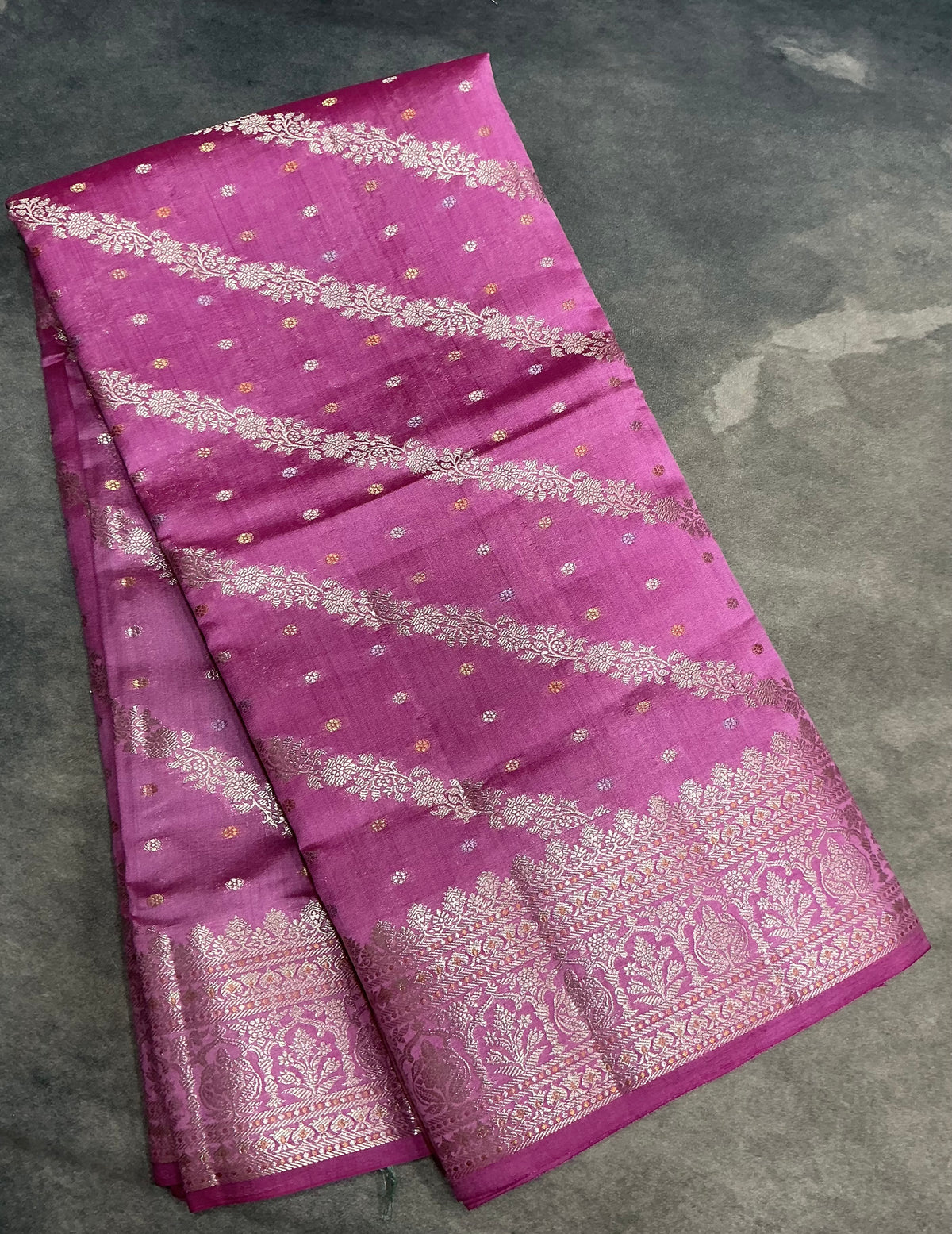 Semi Tussar Silk Saree Pink Colour with Silver Zari Border