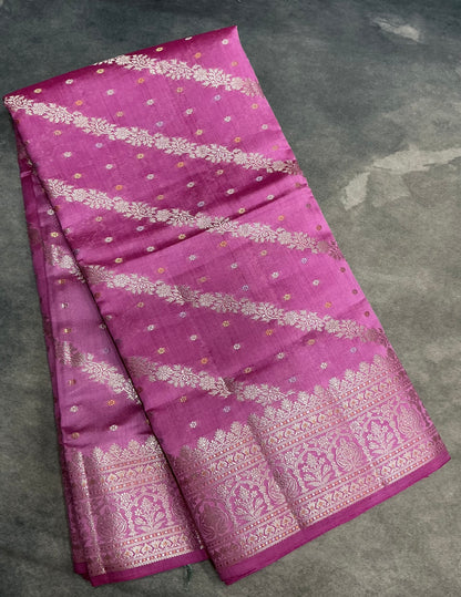 Semi Tussar Silk Saree Pink Colour with Silver Zari Border