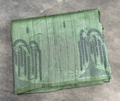 Pista Green Tussar Saree with Embroidery Work Border