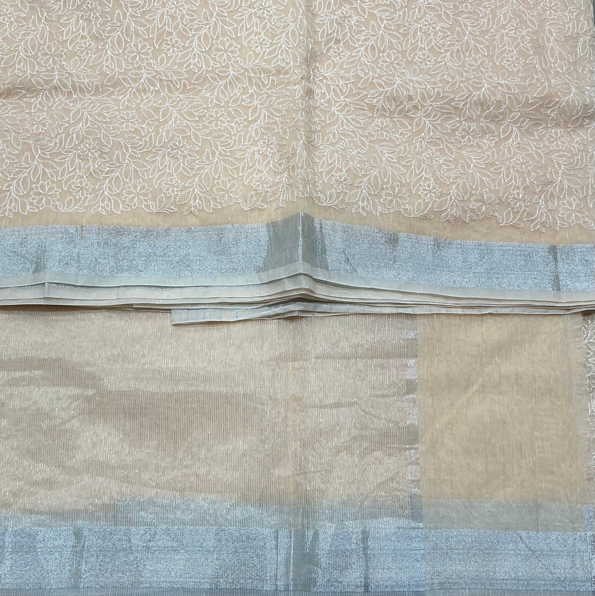 Silk Cotton Saree Light Pastel Peach Color with Silver Zari Border