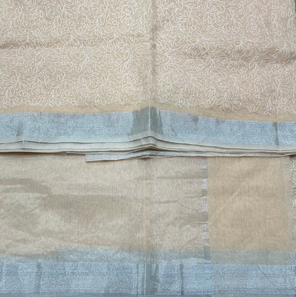 Silk Cotton Saree Light Pastel Peach Color with Silver Zari Border