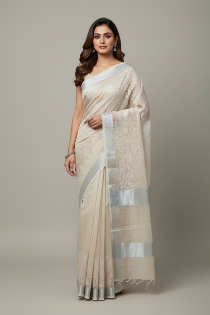 Silk Cotton Saree Light Pastel Peach Color with Silver Zari Border