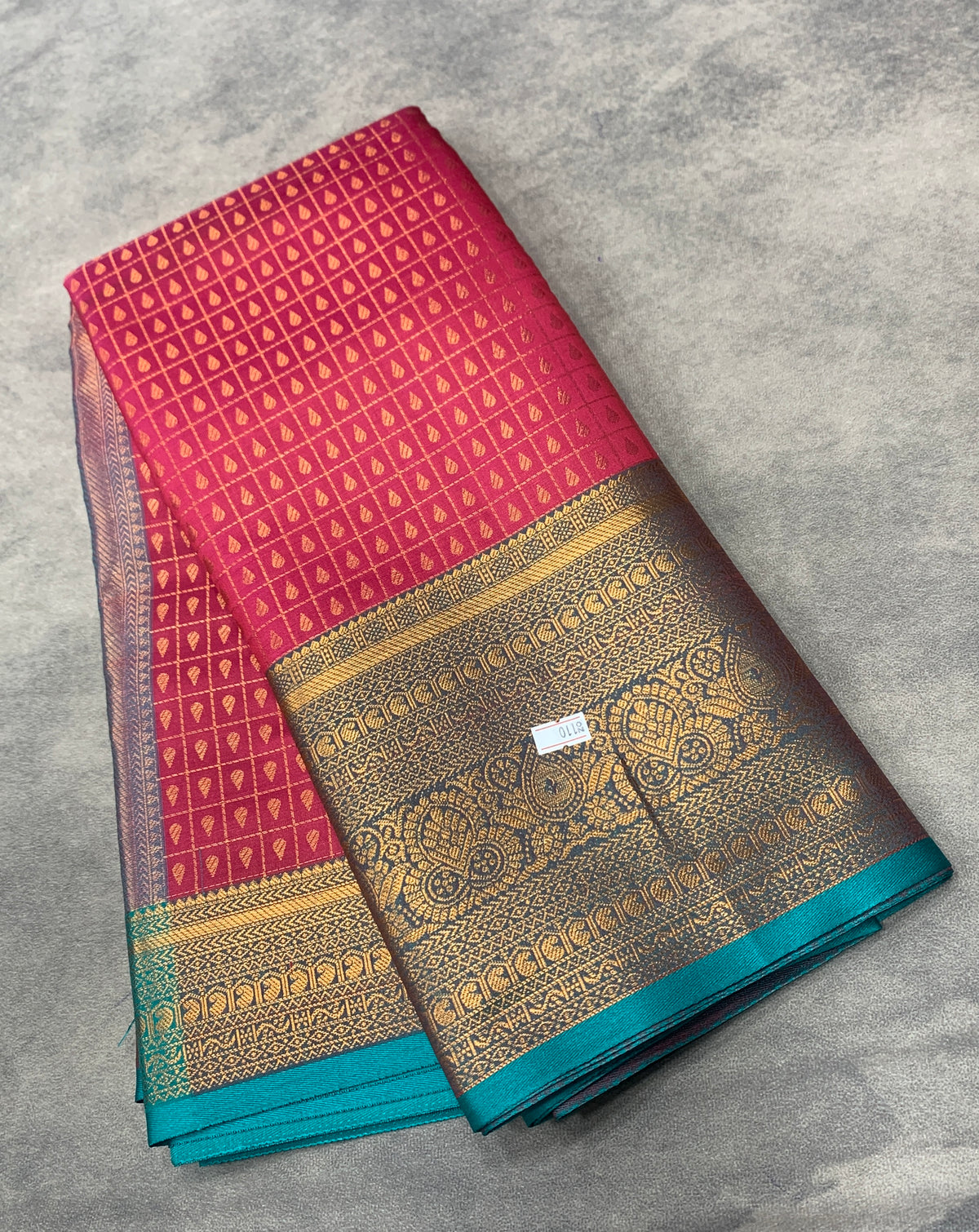 Tomato Pink Colour Kanchi Style Art Silk Saree with Rama Green Border and 1000 Butta