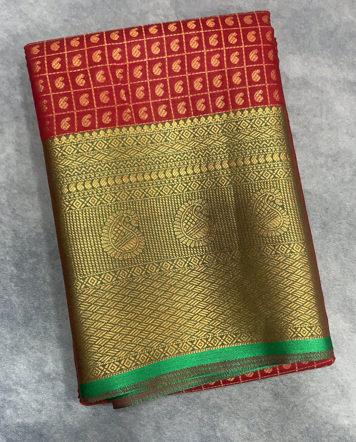 Kanchi Style Art Silk Saree – Maroon with Light Green Border and 1000 Butta