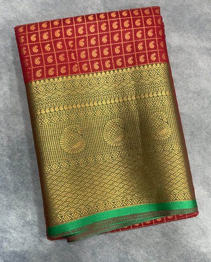 Kanchi Style Art Silk Saree – Maroon with Light Green Border and 1000 Butta