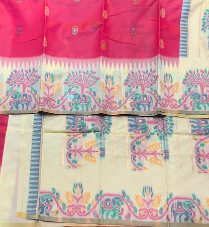 Red Colour Satin Saree with Lemon Yellow Colour Ikat Border