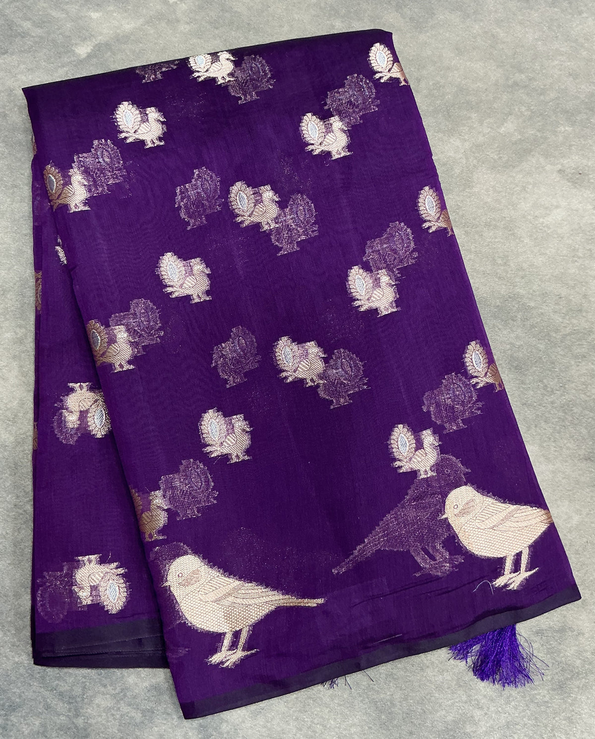 Silk Cotton Saree Violet Colour with Peacock and Sparrow Butta